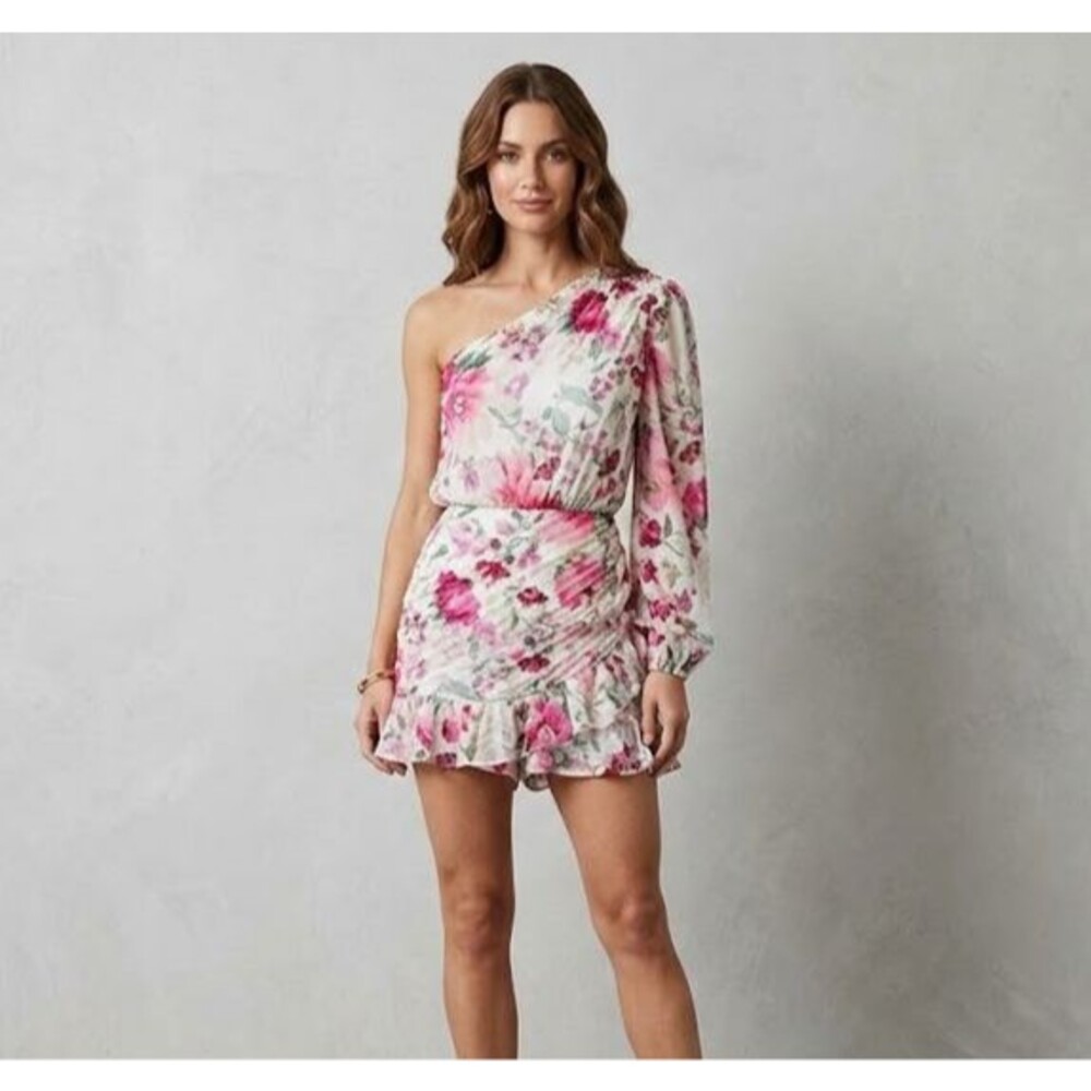 Express Women's Floral One Shoulder Romper Size S Ivory Ruffle Hem shimmer dress